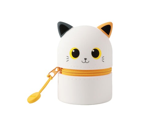 Mini-Etui aus Silikon, gestaltet als weiße Katze mit orangefarbenem Ohr, mit Reißverschluss und Anhänger