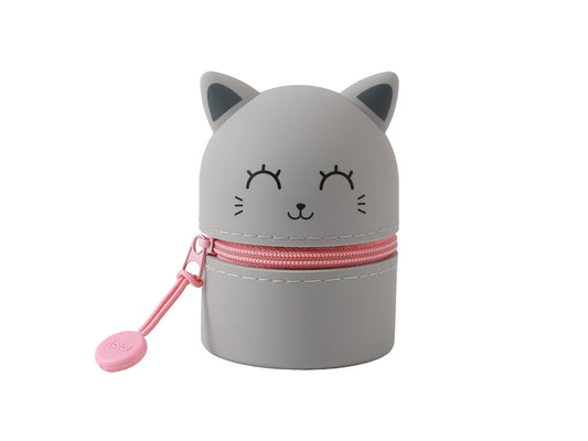 Mini-Etui aus Silikon, gestaltet als graue Katze, mit Reißverschluss und Anhänger
