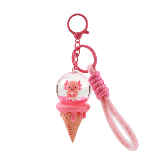 Schlüsselanhänger Eiscreme: Kugel mit Figur Axolotl auf Eiswaffel-Sockel, mit Karabiner und Schlaufe