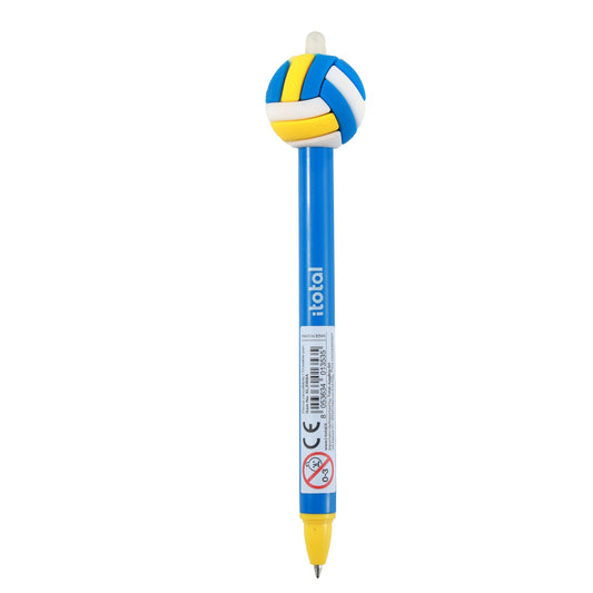 Radierbarer Kugelschreiber mit Volleyball-Kappe in Blau, Gelb und Weiß, freigestellt