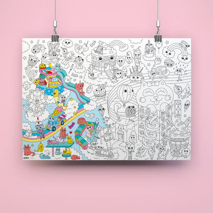OMY Kawaii Riesen-Ausmalposter an Clips aufgehängt, links teilweise koloriert mit Häusern, rechts ungefärbt mit Tiermotiven