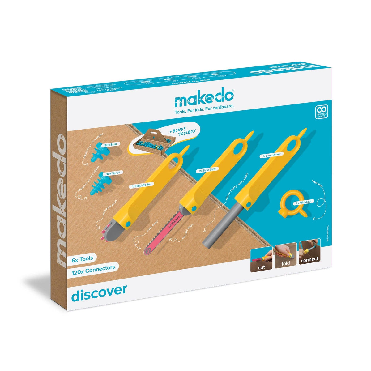 Makedo Discover Kit Verpackung mit gelben Werkzeugen, pinkem Werkzeug und blauen Verbindungsteilen