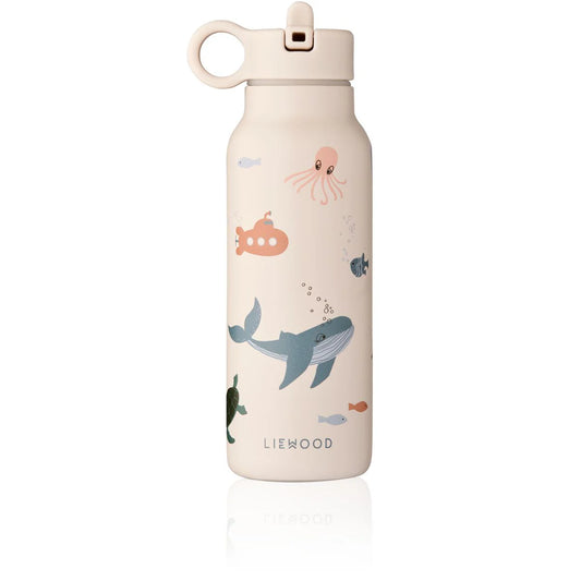 Edelstahl-Trinkflasche Falk Sea Creature von Liewood mit Pop-up-Strohhalmdeckel und Henkel