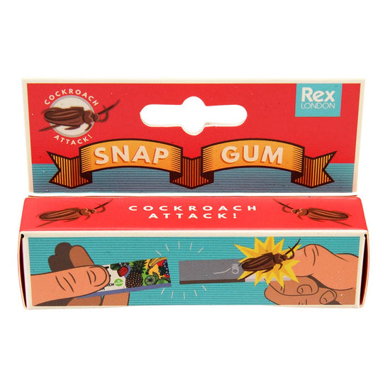 Rex London Snap Gum Scherzartikel, Verpackung mit rotem Deckel und bunter Illustration zweier Hände