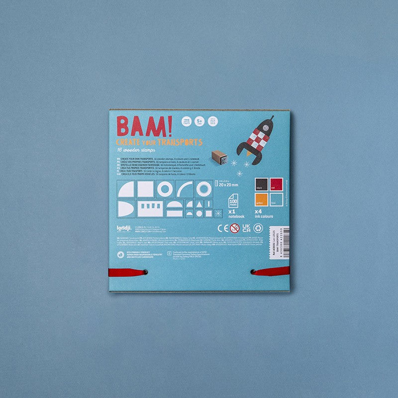 Rückseite der hellblauen Verpackung von Londji BAM! Transports mit Produktabbildung und Farbmustern