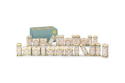 Grapat Adventskalender 2026, die bedruckten Kalenderschachteln in einer Reihe vor der großen Schachtel