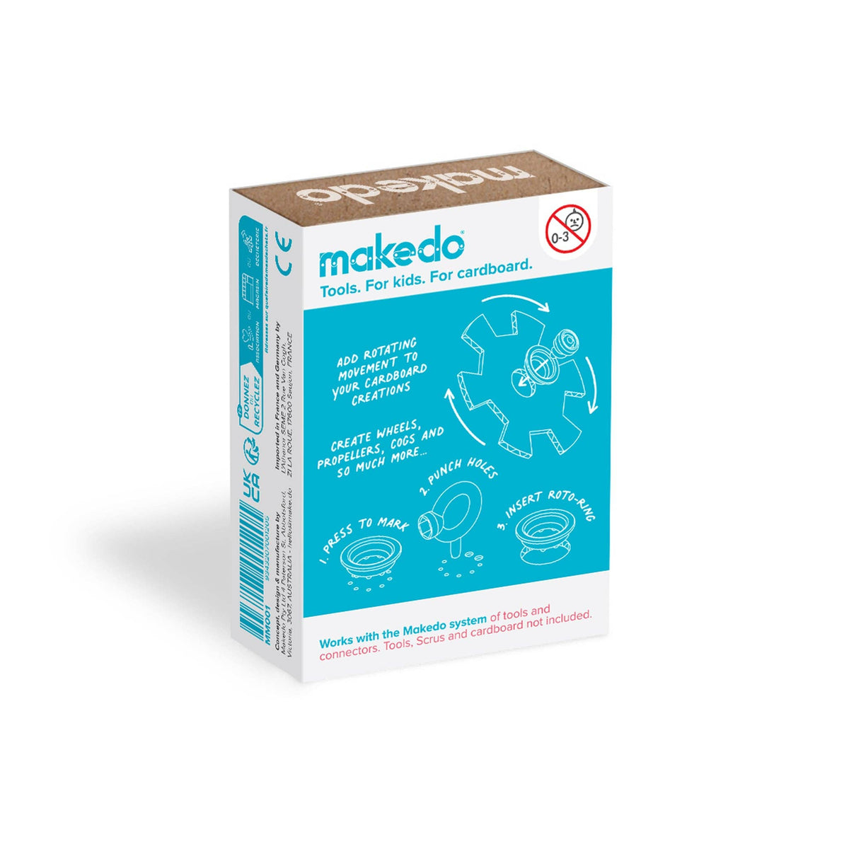 Makedo Roto-Ring Verpackung von schräg vorne, türkis-weiß mit Illustrationen und Hinweis auf Cardboard-Kompatibilität