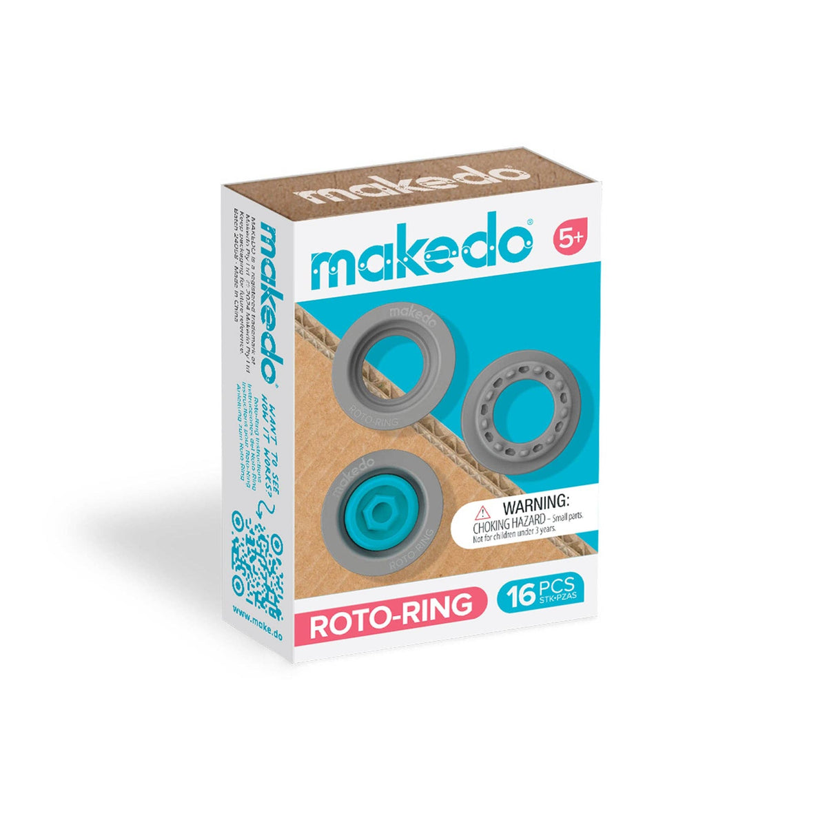 Makedo Roto-Ring Verpackung mit türkisem Design, davor graue Kunststoffringe und ein blauer Ring