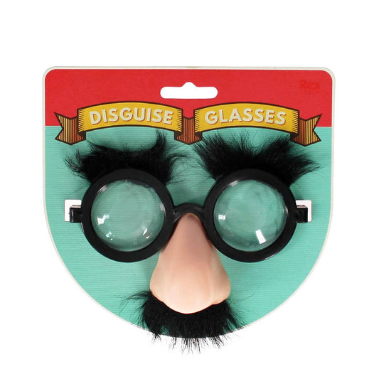 Rex London Scherzbrille mit runden Gläsern, buschigen Augenbrauen, Nase und Schnurrbart auf Karte