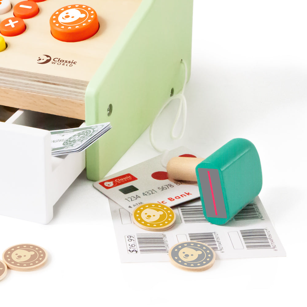 Holzkasse Classic World mit Scanner, Registrierschublade und buntem Spielgeld für Kaufladen