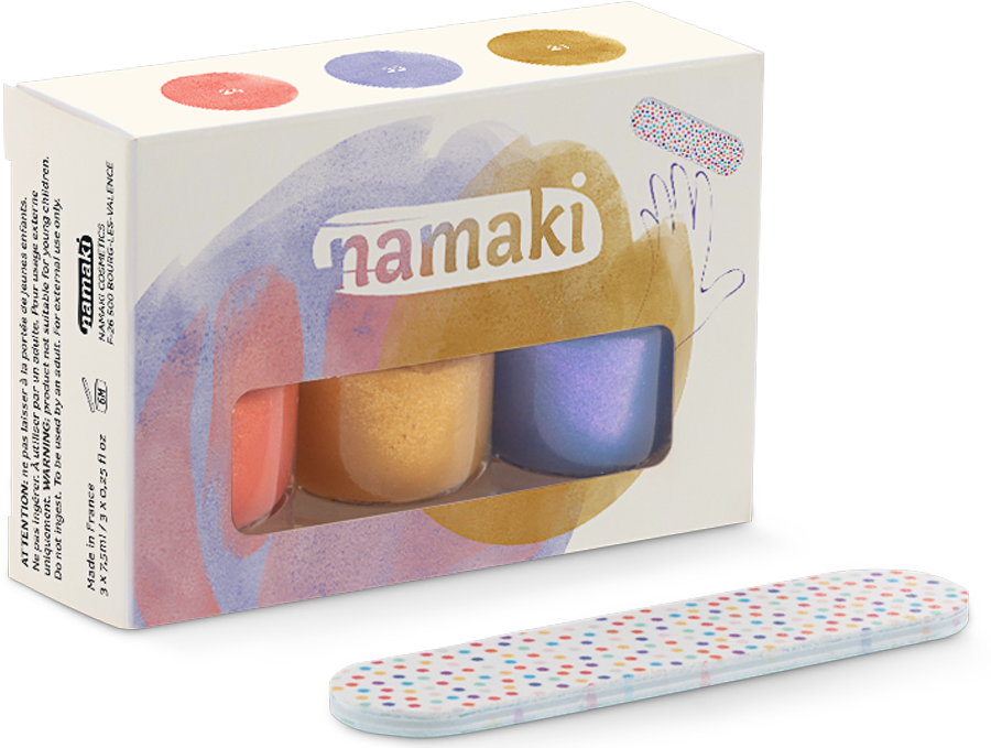 Namaki Nagellack Set Sunset mit Verpackung, drei Flaschen in Korall, Gold und Violett, Nagelfeilen-Täschchen