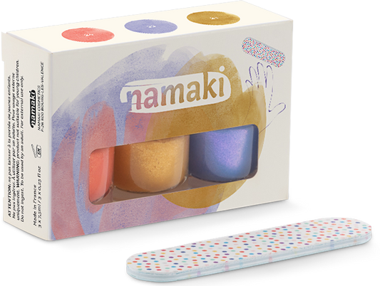 Namaki Nagellack Set Sunset mit Verpackung, drei Flaschen in Korall, Gold und Violett, Nagelfeilen-Täschchen