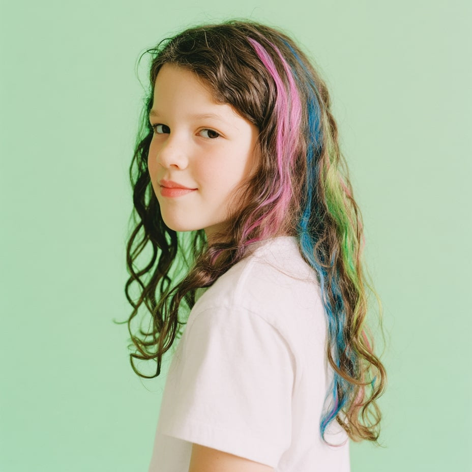 Kind mit Haarkreide gefärbten Strähnen in Pink, Blau und Grün trägt weiße Bluse vor mintgrünem Hintergrund, Profilansicht