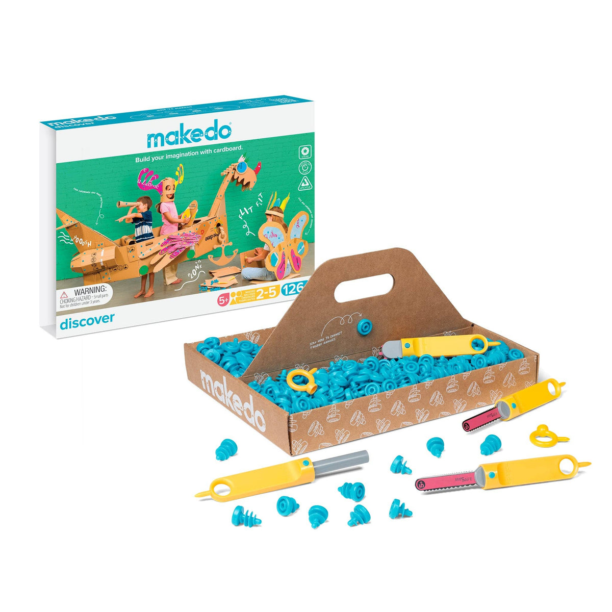 Makedo Discover Kit Packshot mit geöffneter Schachtel, blauen Verbindungsteilen und gelben sowie pinken Werkzeugen