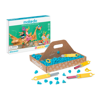 Makedo Discover Kit Packshot mit geöffneter Schachtel, blauen Verbindungsteilen und gelben sowie pinken Werkzeugen