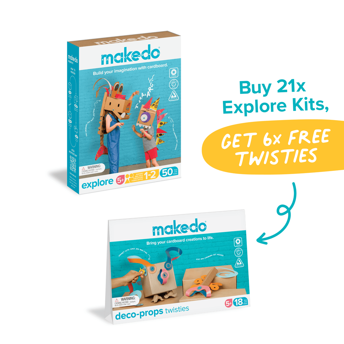 Makedo Explore Kit und Deco-Props Twisties Verpackungen, Aktionsbanner für kostenloses Zubehör beim Kauf