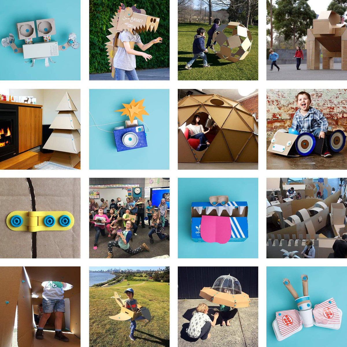 Collage mit 16 Fotos von Kindern und Karton-Bauten, die mit Makedo-Werkzeugen entstanden sind