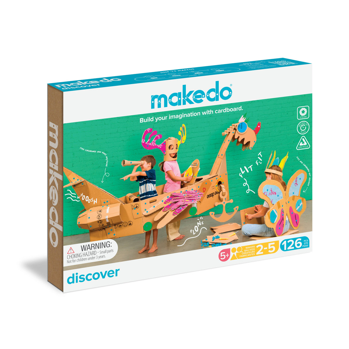 Makedo Discover Kit Verpackung mit Kind beim Bauen von Kartonfiguren, 126 Teile