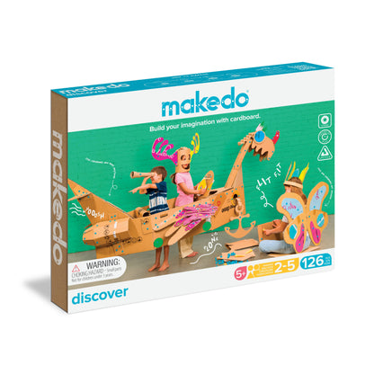 Makedo Discover Kit Verpackung mit Kind beim Bauen von Kartonfiguren, 126 Teile
