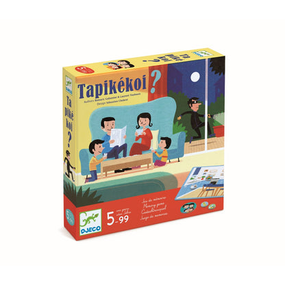 Djeco Tapikékoi Verpackung mit Familie im Wohnzimmer, Einbrecher und Spielkarten