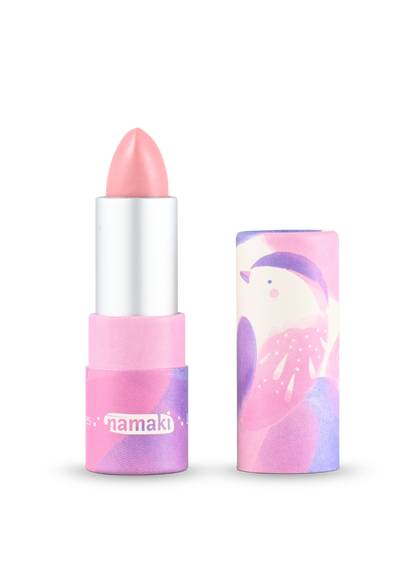 Namaki Lippenbalsam Himbeere mit rosa-violettem Band und bunte Verpackung mit Einhorn-Motiv