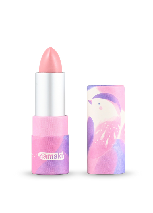 Namaki Lippenbalsam Himbeere mit rosa-violettem Band und bunte Verpackung mit Einhorn-Motiv