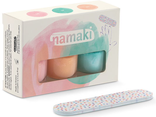 Namaki Nagellack-Set Sommerfreuden in Verpackung mit drei Fläschchen in Creme, Grün und Orange sowie einer bunten Feile