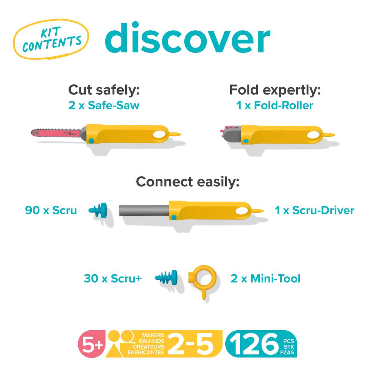 Makedo Discover Kit Inhaltsübersicht mit gelben Werkzeugen, pinkem Werkzeug und blauen Verbindungsteilen