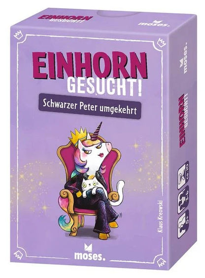 Verpackung Einhorn gesucht Schwarzer Peter von Moses, lila mit Einhorn auf Sessel