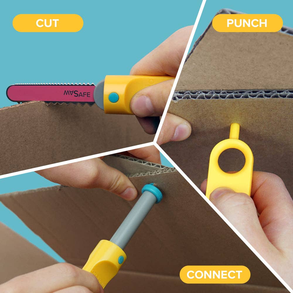 Makedo Explore Kit Anleitung: Safe-Saw zum Schneiden, Punch-Tool zum Lochen, Verbinder zum Verbinden von Karton