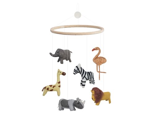 Gamcha Safari-Mobile mit Metallring und fünf Filztieren: Elefant, Flamingo, Giraffe, Zebra, Löwe