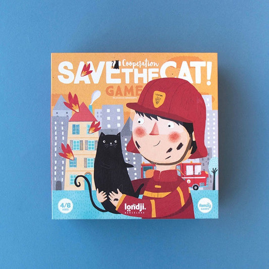 Verpackung Londji Save the Cat mit Feuerwehrfrau und schwarzer Katze vor brennenden Häusern