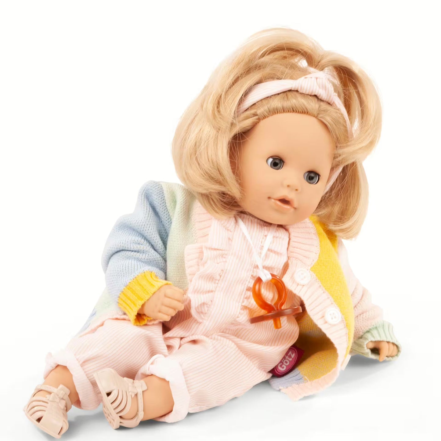 Stoffpuppe Cosy Aquini Farbspiel 33 cm von Götz mit buntem Kleid und blonden Haaren