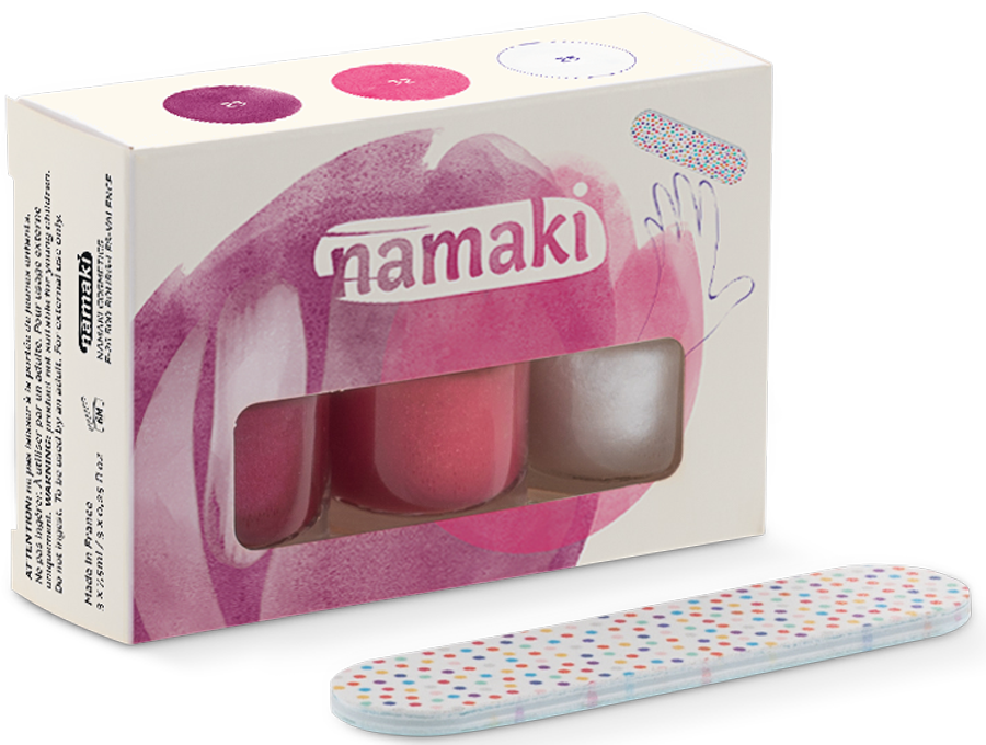 Namaki Nagellack-Set mit drei Flaschen in Rosa, Fuchsia und Perlmuttweiß, Verpackung und Nagelfeile mit Pünktchenmuster
