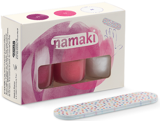Namaki Nagellack-Set mit drei Flaschen in Rosa, Fuchsia und Perlmuttweiß, Verpackung und Nagelfeile mit Pünktchenmuster