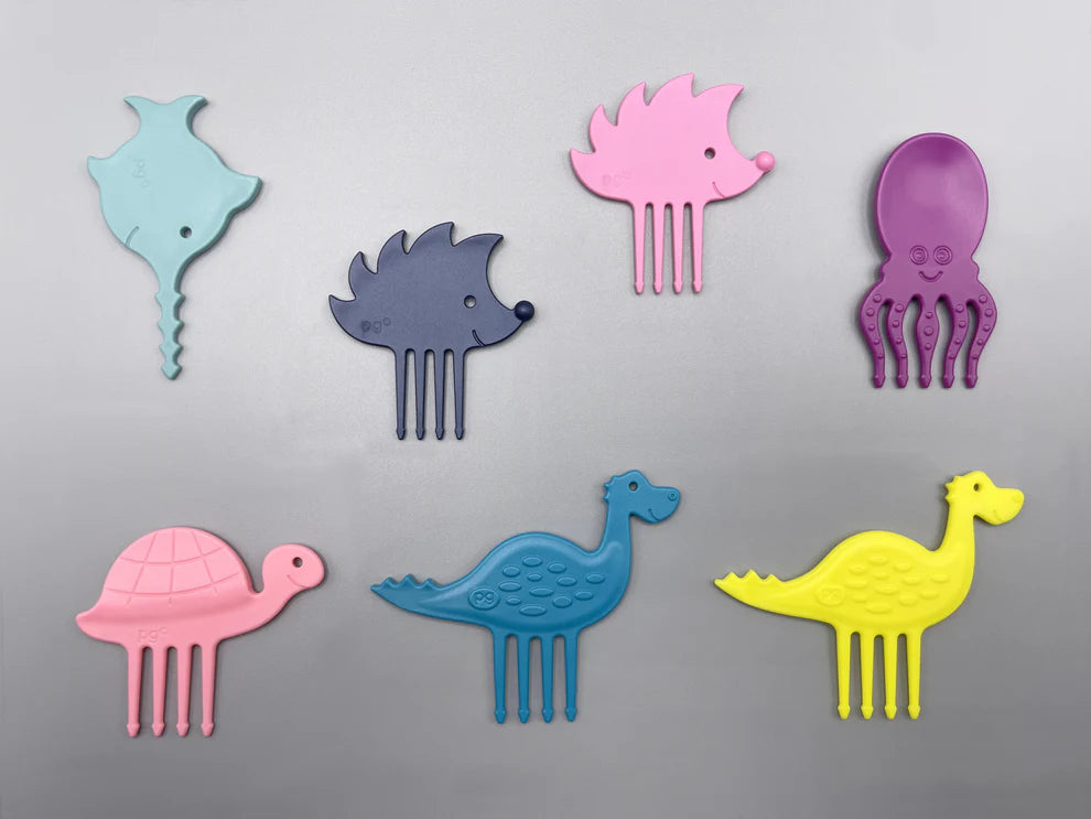 Sieben bunte Zahnstocher-Set Feel Good Pieksis von pieksi und griffel mit Tierfiguren in Rosa, Blau, Lila und Gelb