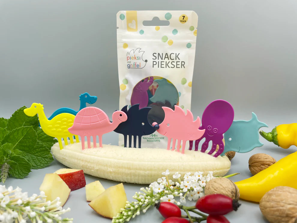 Sieben bunte Zahnstocher-Set Feel Good Pieksis von pieksi und griffel mit Tierfiguren in Rosa, Blau, Lila und Gelb