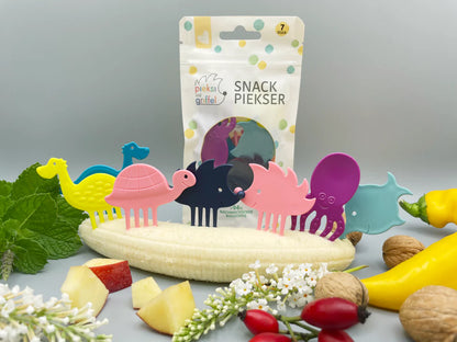Sieben bunte Zahnstocher-Set Feel Good Pieksis von pieksi und griffel mit Tierfiguren in Rosa, Blau, Lila und Gelb
