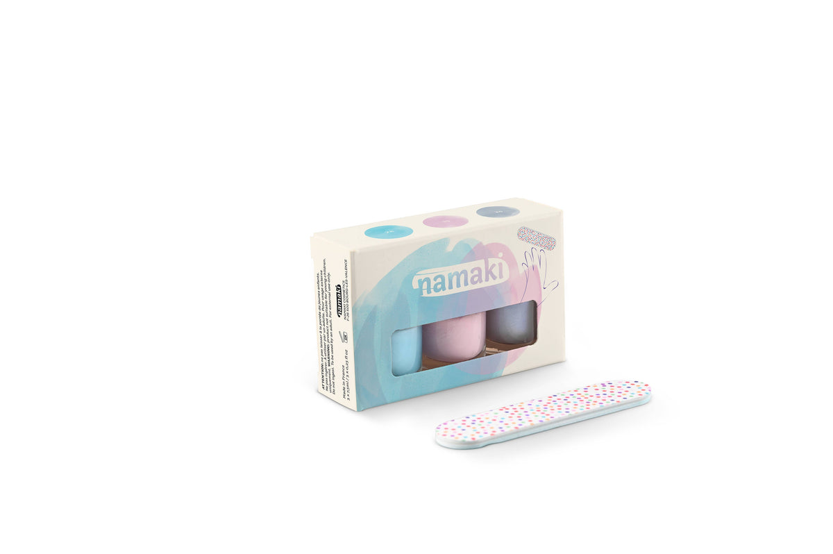 Namaki Nagellack-Set mit drei Fläschchen in Pastelltönen und Nagelfeile mit Pünktchen-Muster