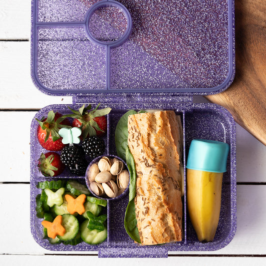 LEKKABOX - Glamour Lunchbox Brotbox mit 4 Fächern - lila glitzer