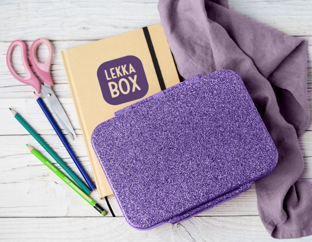 LEKKABOX - Glamour Lunchbox Brotbox mit 4 Fächern - lila glitzer