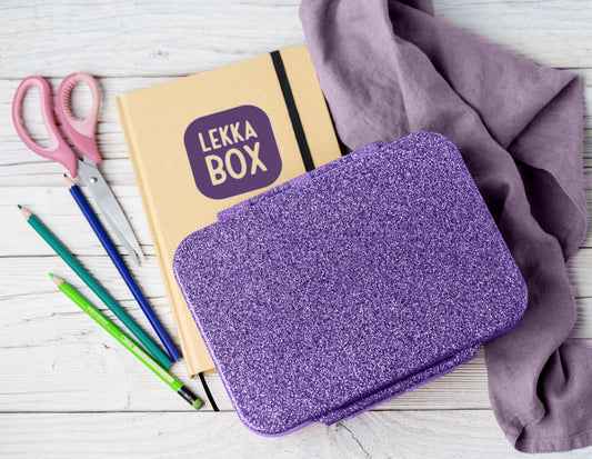 LEKKABOX - Glamour Lunchbox Brotbox mit 4 Fächern - lila glitzer