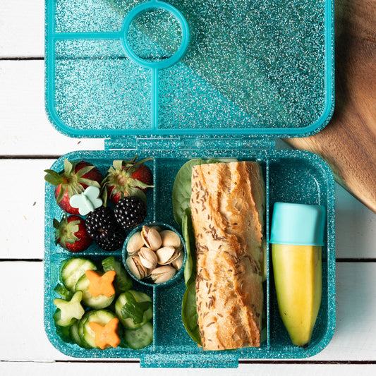 LEKKABOX - Glamour Lunchbox Brotbox mit 4 Fächern - türkis glitzer