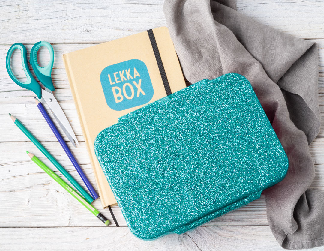 LEKKABOX - Glamour Lunchbox Brotbox mit 4 Fächern - türkis glitzer