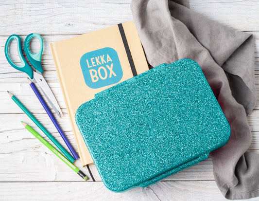 LEKKABOX - Glamour Lunchbox Brotbox mit 4 Fächern - türkis glitzer