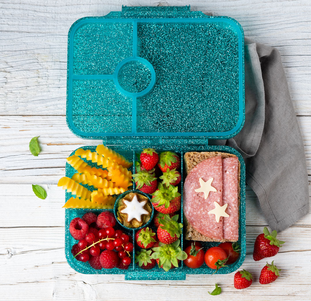 LEKKABOX - Glamour Lunchbox Brotbox mit 4 Fächern - türkis glitzer
