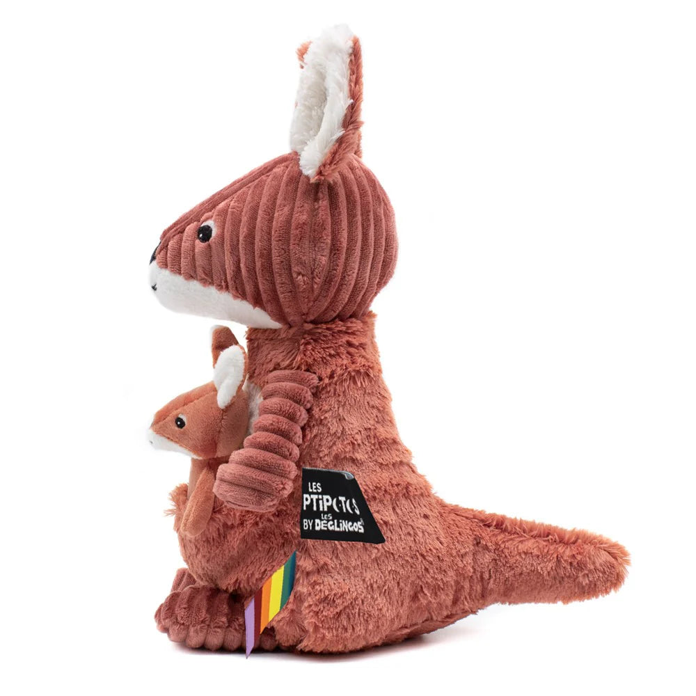 Rötlich-braunes Kuscheltier Mama-Känguru mit Baby im Beutel von Les Déglingos, 30 cm