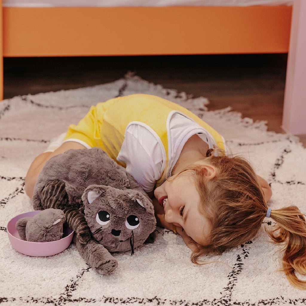 Graues Kuscheltier-Set Mama und Baby Katze Les Déglingos Ptipotos 32 cm