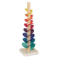 Grünspecht Klangbaum mini mit Holzblättern in Regenbogenfarben auf quadratischer Holzbasis, Freisteller