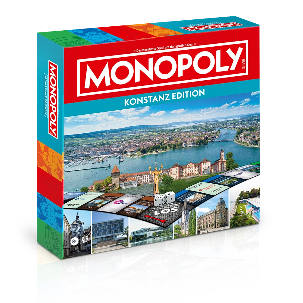 Monopoly Konstanz Edition Verpackung mit Luftaufnahme der Stadt, buntem Spielbrett und Konstanzer Sehenswürdigkeiten
